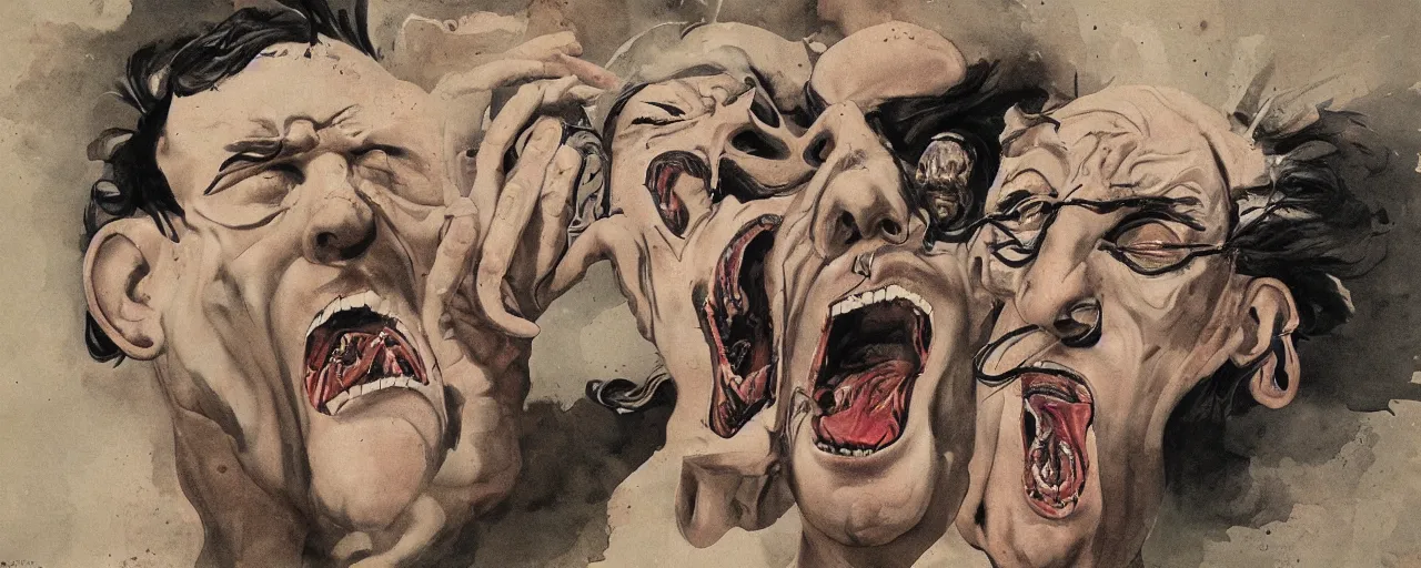 Image similar to portrait of a mad man screaming and melting in style of Yamato and Salvador Dali,