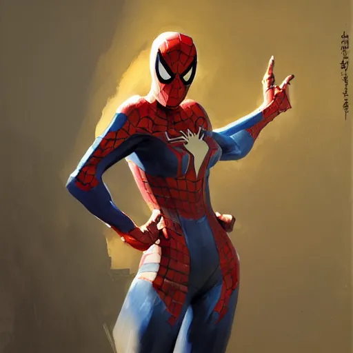 Image similar to greg manchess portrait painting of partially armored female spiderman as overwatch character, medium shot, asymmetrical, profile picture, organic painting, sunny day, matte painting, bold shapes, hard edges, street art, trending on artstation, by huang guangjian, gil elvgren, ruan jia, greg rutkowski, gaston bussiere