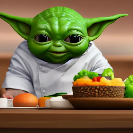 Prompt: curious mouth agape innocent tiny overweight chubby baby yoda as chef wearing white chefs hat and white apron, offering a plate of food, vegetables, photography, hyperrealism, unreal engine, octane 3 d render, houdini, unity 3 d, highres, adobe premier pro, trending on artstation, trending on deviantart