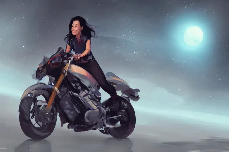 Image similar to michelle yeoh is riding a motorbike, digital painting, artstation, the space background, concept art, illustration,