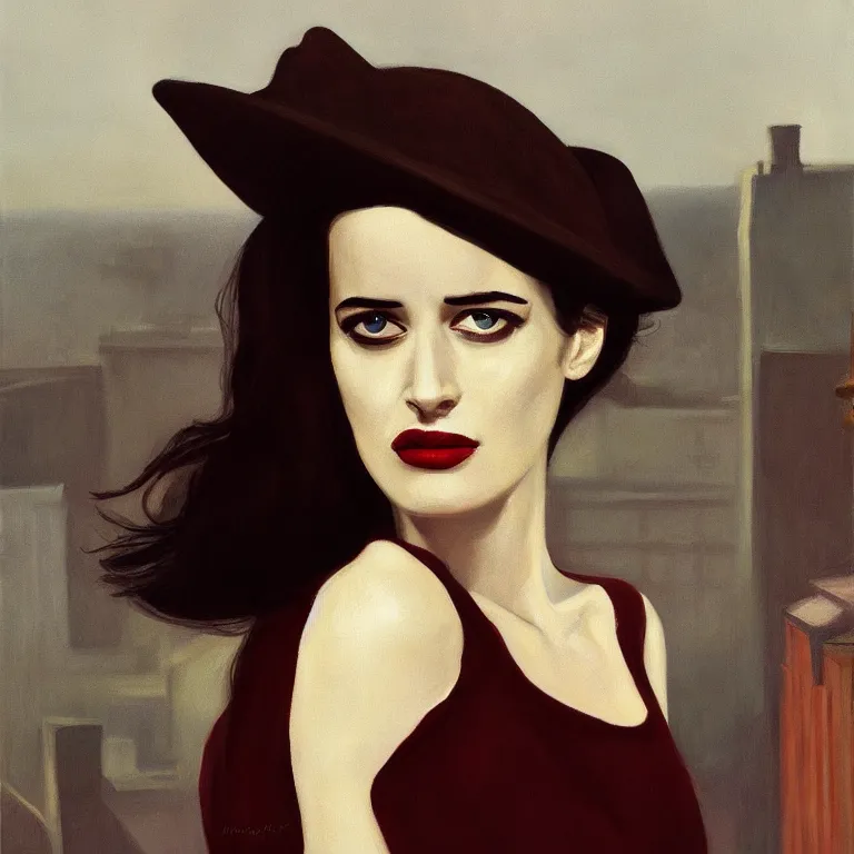 Image similar to portrait of Eva Green on a roof, fog, early morning, , painted by Edward Hopper, painted by Wayne Barlow, airbrush