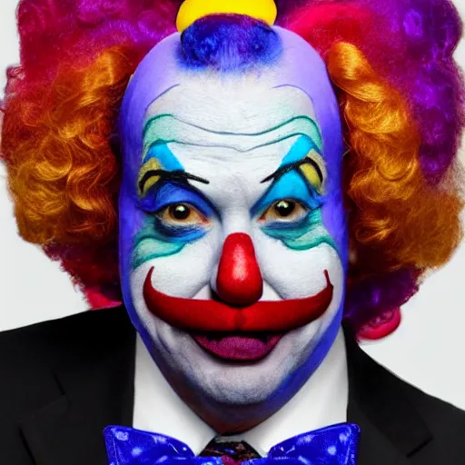 Image similar to Jerome Powell as a clown with clown wig and colorful clown makeup all over his face, award-winning, epic, cinematic