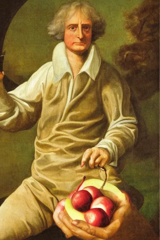 Image similar to isaac newton holding an apple, collage