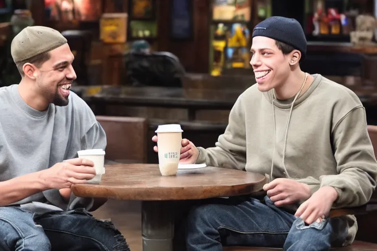 Image similar to Kanye West and Pete Davidson (2022) are best friends, drinking coffee at central perk, still photo, hyperrealistic, 35mm, 8k, by weta digital