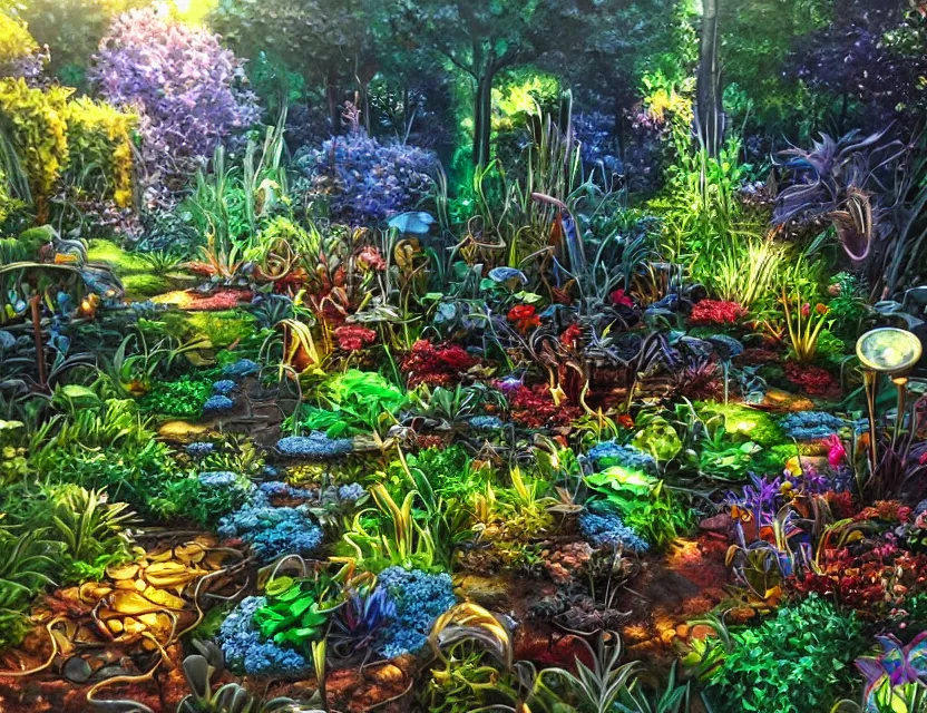 Image similar to metallic garden made of metal. oil painting by award - winning comic artist. backlighting, chiaroscuro, depth of field, luminescent colors.