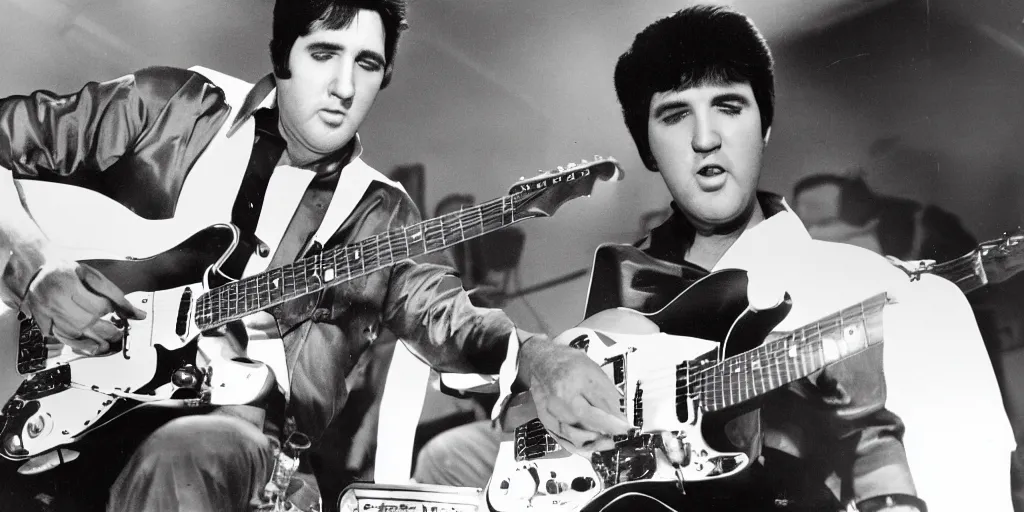 Prompt: full color wide angle two shot of roy buchanan playing his telecaster with elvis presley, cinematic