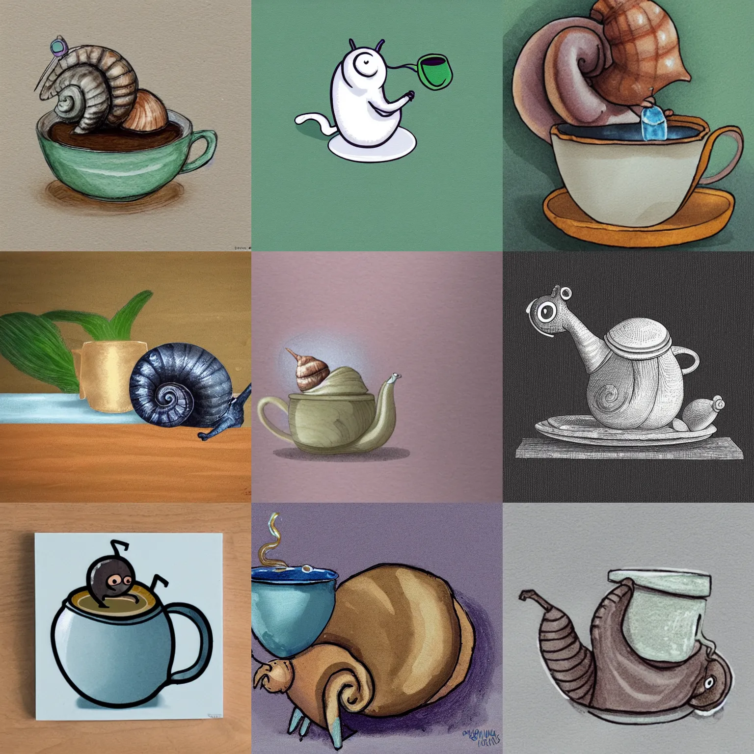 Prompt: a sleepy snail drinks a cup of tea