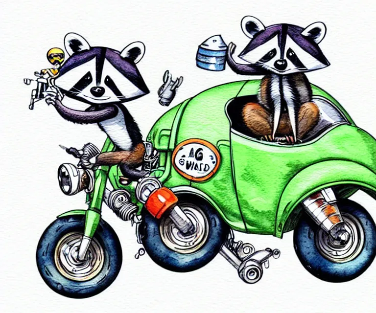 Image similar to cute and funny, racoon wearing a helmet riding in a tiny sport motorcycle with oversized engine, ratfink style by ed roth, centered award winning watercolor pen illustration, isometric illustration by chihiro iwasaki, edited by range murata