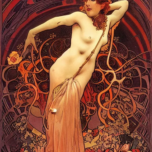 Prompt: persephone in hell, painted by alphonse mucha