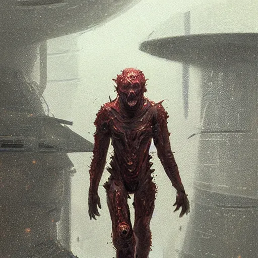 Image similar to scifi art by Greg Rutkowski, a person infected with a kind of reddish silt that is sprouting from all over his body, violent and vicious appearance, dressed in a futuristic space suit, claustrophobic science fiction setting inside a desolate space colony, detailed and intricate environment, high technology, digital painting, artstation, concept art, smooth, sharp foccus ilustration, Artstation HQ.