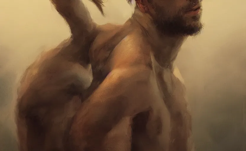 Image similar to a painting of the all father trending on artstation in the style of greg rutkowski, beautiful, young male, sensual, wise, natural skin, leader, 1 9 0 0 s, industrialization, loin cloth