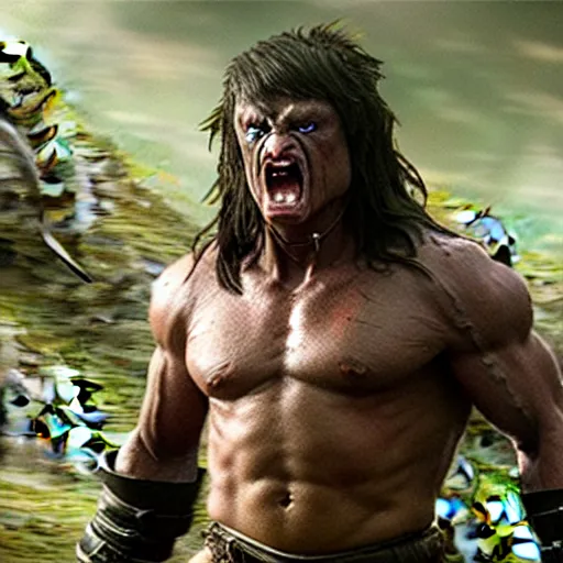 Image similar to an ultra realistic 8 k uhd digital photo of rambo as an orc from the lord of the rings movies