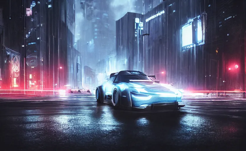 Prompt: a sport vehicle in the streets at night whit blue headlights on by Khyzyl Saleem, night time, stormy wheater, atmospheric, artstaion, concept art, illustration, sharp focus, high detail, octane render, cyberpunk, game