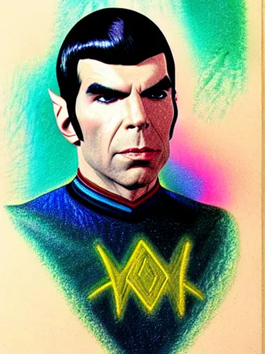 Image similar to : ZACHARY QUINTO SPOCK fanart + 70s COLORED PENCIL + art by J.C. LEYENDECKER + 4K UHD IMAGE + STUNNING QUALITY + CRAYON TEXTURE