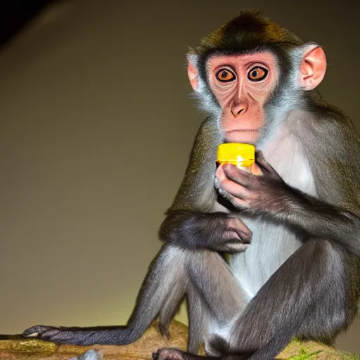 Image similar to Monkey drinking Capri Sun juice, low light, photo taken at night,