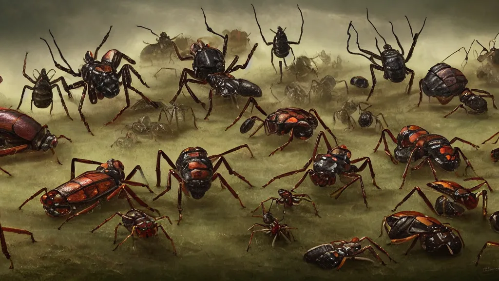 Image similar to cinematic painting of an army of giant bugs