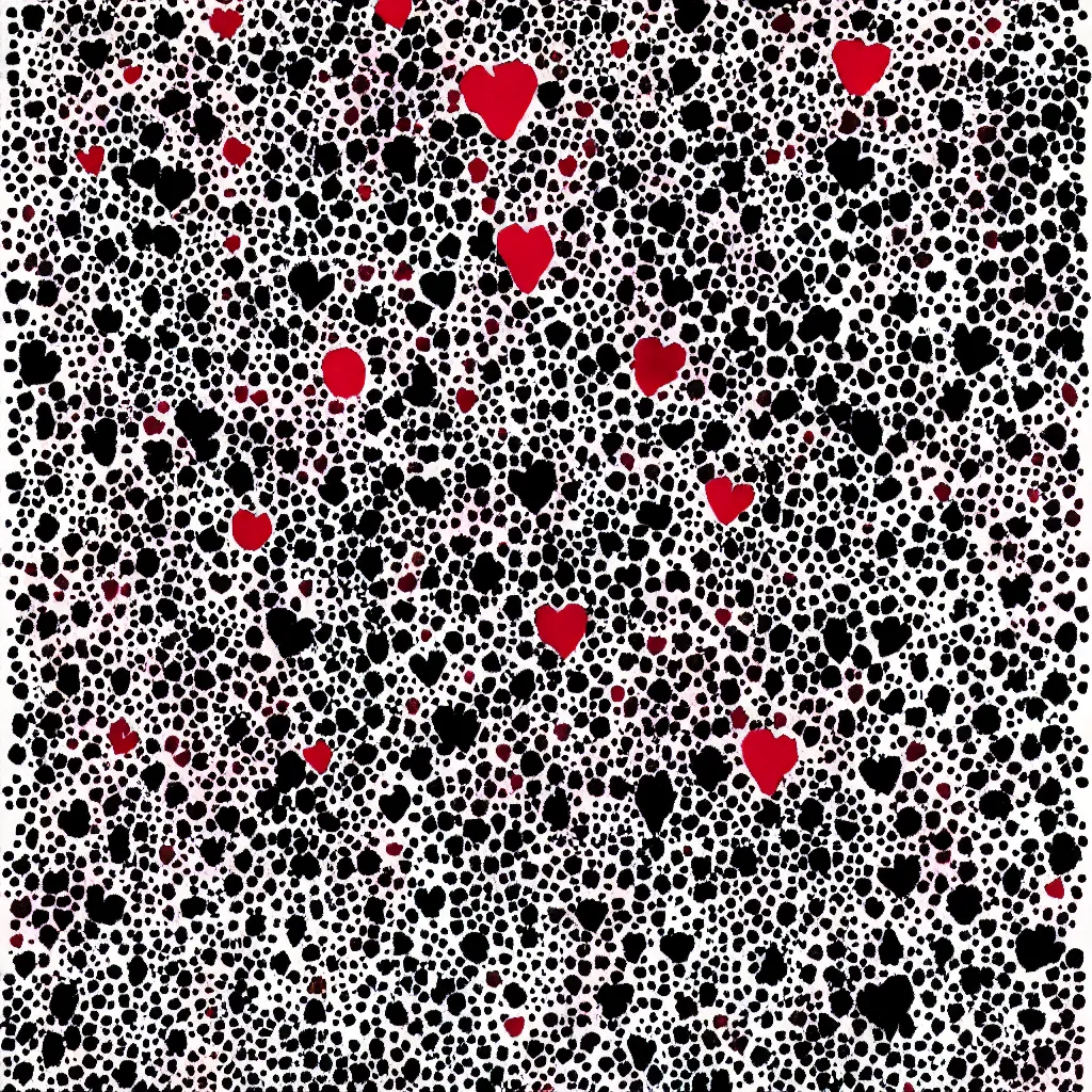 Prompt: camouflage made of hearts, smiling, abstract, rei kawakubo artwork, cryptic, dots, stipple, lines, splotch, color tearing, pitch bending, color splotches, dark, ominous, eerie, minimal, points, technical, old painting