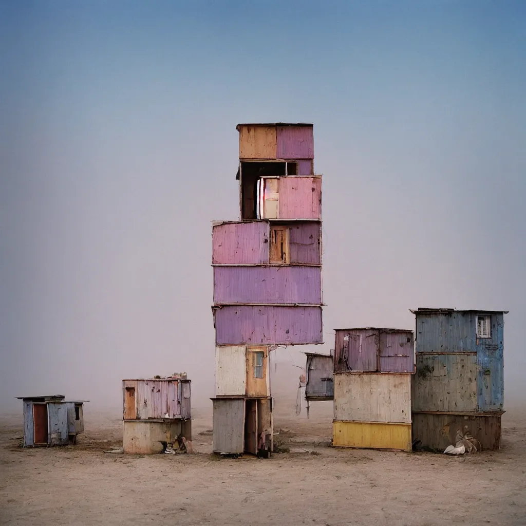 Image similar to vertically stacked makeshift squatter shacks with pastel colours, plain uniform sky at the back, misty, mamiya, ultra sharp, very detailed, photographed by alejandro jodorowsky