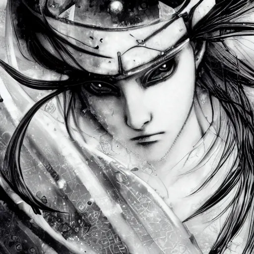 Image similar to yoshitaka amano blurred and dreamy illustration of an anime girl with pirate eye patch, wavy white hair and cracks on her face wearing elden ring armour with the cape fluttering in the wind, abstract black and white patterns on the background, noisy film grain effect, highly detailed, renaissance oil painting, weird portrait angle