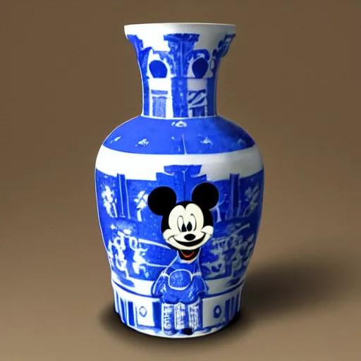 Image similar to a delft blue vase with a happy mickey mouse depicted on it ; extremely detailed ; trending on artstation