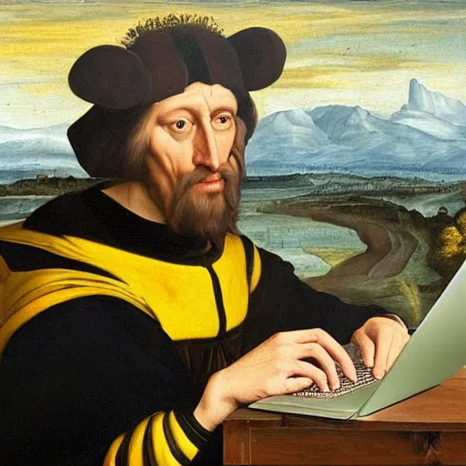 Image similar to tired man in a bumblebee costume drinks coffee in front of a laptop, highly detailed, masterpiece, renaissance, oil on canvas