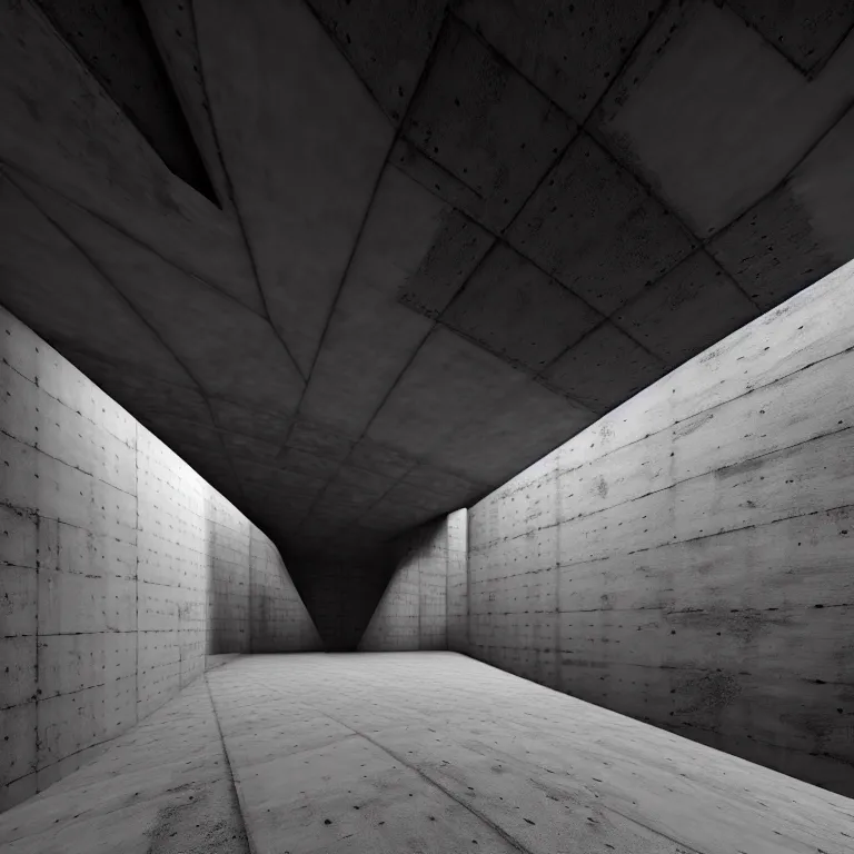 Prompt: Concrete huge dark-gray multi-layered underground structure with multiple floors and a plus-shaped cleft in the center. Inside view, straight lines, corners, high detailed, details, ultra realistic, photorealism, 8k, doorways, wide shot, symmetrical, brutalism, ray of light, architecture, volumetric lighting, cinematic, shadows