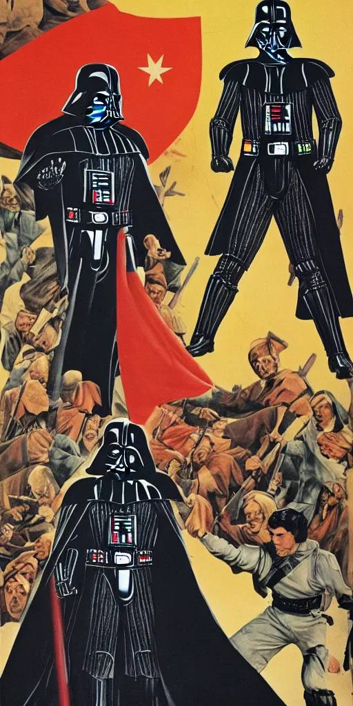 Prompt: darth vader in a 1 9 7 0 s iranian propaganda poster talking about the spanish inquisition.