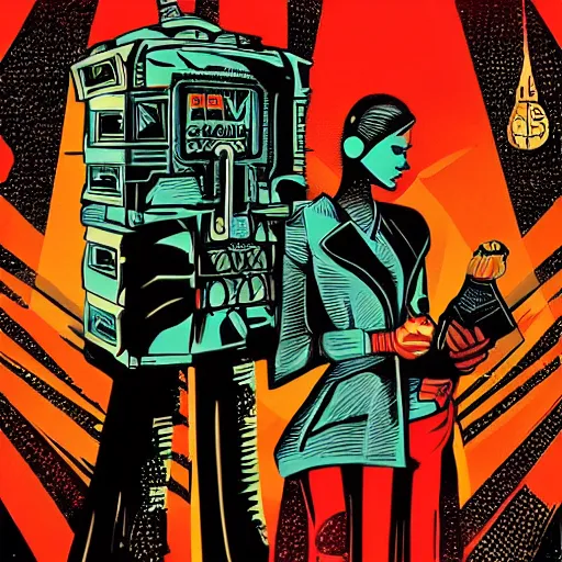 Image similar to Illustrated by Shepard Fairey and H.R. Geiger | Retro futuristic cyberpunk city