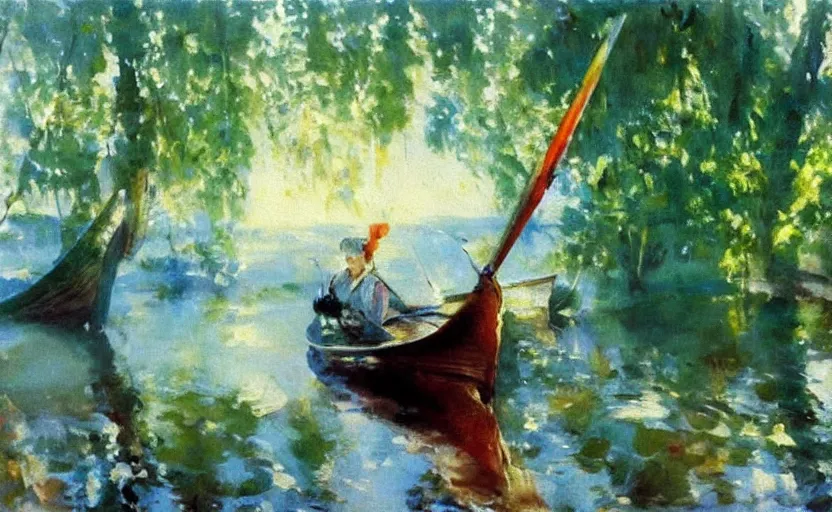 Prompt: oil painting by anders zorn, wild forest, very very very very beautiful art, dramatic light, strong shadows, reflections, boat with colorful sail and white dress