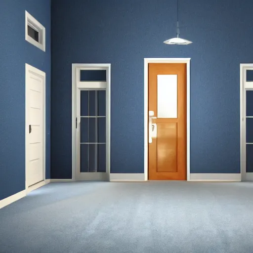 Image similar to dark nostalgic empty house at night with stairs in the middle and doors on either side, one door is closed and the door on the right is open to a blue bathroom, tan carpet