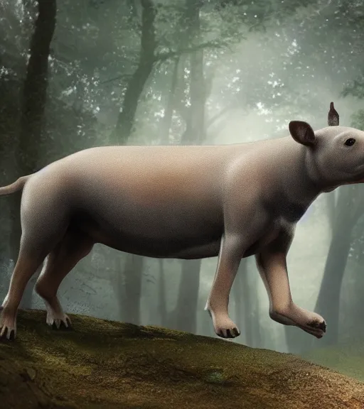 Image similar to photo of a dog tapir hybrid. dof. bokeh. magical atmosphere. art by greg rutkowski. lifelike. very detailed 8 k. intricate. soft light. nikon d 8 5 0.