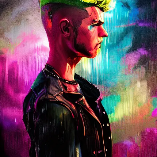 Image similar to splashes of neon clouds, mowhawk, suspenders, punk portrait made out of paint with rain in the background, trending on artstation, epic composition, emotional, beautiful, rendered in octane, highly detailed, realistic, comic book art, sharp focus, matte painting, unreal engine