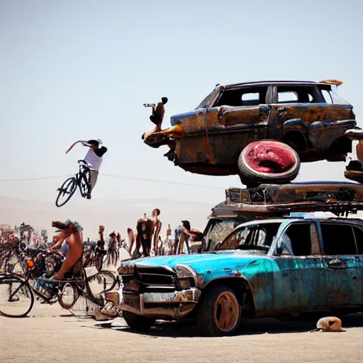 Prompt: a stack of broken down old cars on a giant skewer, with people climbing on them, at the burning man festival