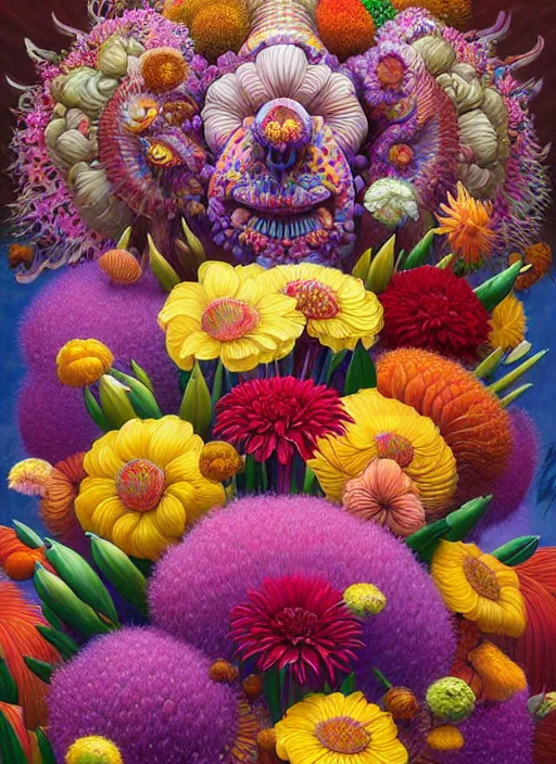 Image similar to hyper detailed illustration like a Oil painting - a vivid exotic flower bouquet, long petals, huge blossoms, by Jacek Yerka, Mariusz Lewandowski, Houdini algorithmic chromatic colors, long brush strokes, Masterpiece, Edward Hopper and James Gilleard, Zdzislaw Beksinski, Mark Ryden, Wolfgang Lettl, hints of Yayoi Kasuma, octane render, 8k