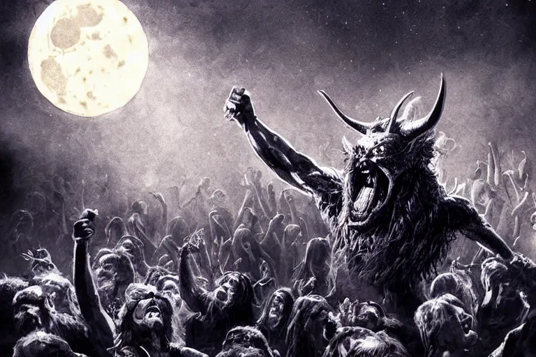 Prompt: the devil screams at a rock concert, dark night, moon, highly detailed digital art, photorealistic