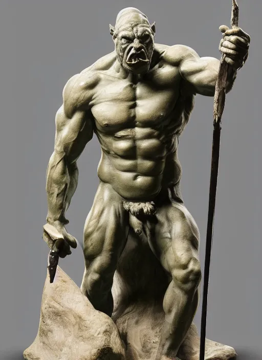 Image similar to a full figure stone sculpture of Giant Orc holding a spear by Rodin and Bernini