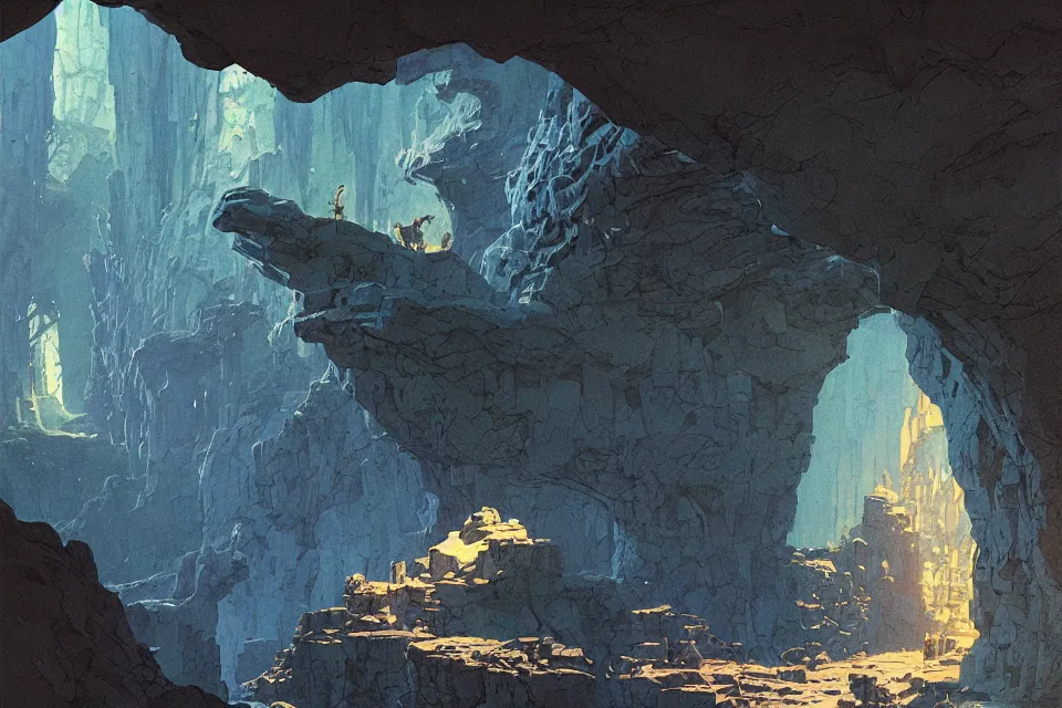 Image similar to i live in a cave, i live to create, by moebius and john harris, atmospheric blues, concept art, saturation 40