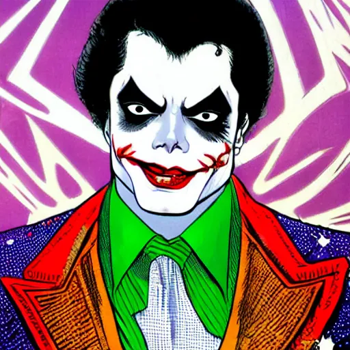 Image similar to dynamic macro head portrait of beautifu michael jackson as the joker in white sequined jacket by john romita sr and cory walker and ryan ottley and jack kirby and barry windsor - smith, comic, illustration, photo real