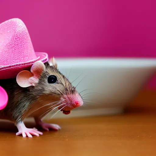 Image similar to mouse with pink cowboy hat in the bathroom, photo realistic, f 1. 4, 1 0 0 mm lens, nat geo award winner, eos, sharp focus, bokeh