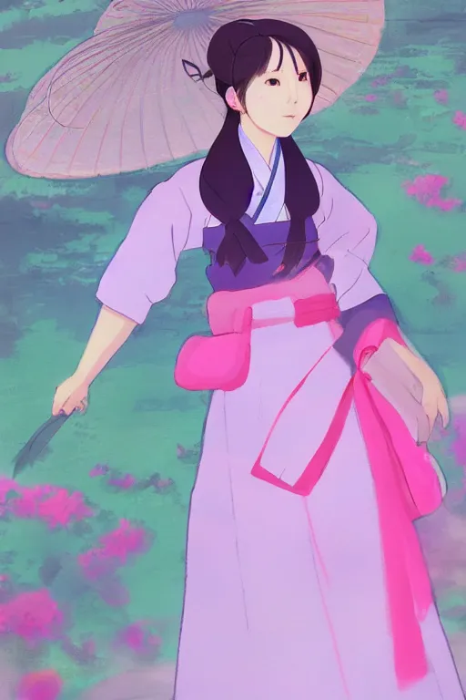 Image similar to pretty korean woman wearing beatiful hanbok, bright pastel colors, trending on artstation, studio ghibli painterly style