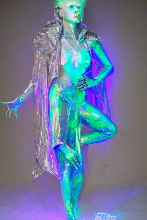 Prompt: full-body photo rococo and cyberpunk delicate neon crystalline sculpture of ((muscular slender albino Brazilian Prince)) (((con la piroca dura))) as an iridescent humanoid deity wearing a thin see-through ((plastic hooded cloak)) sim roupa (holding a human skull), reclining con (((las piernas abiertas))), glowing pink face, crown of (white lasers), large diamonds, swirling black silk fabric. futuristic elements. oozing glowing liquid, full-length view. space robots. intricate artwork by caravaggio. Trending on artstation, octane render, cinematic lighting from the right, hyper realism, photo realistic, octane render, 8k, depth of field, 3D