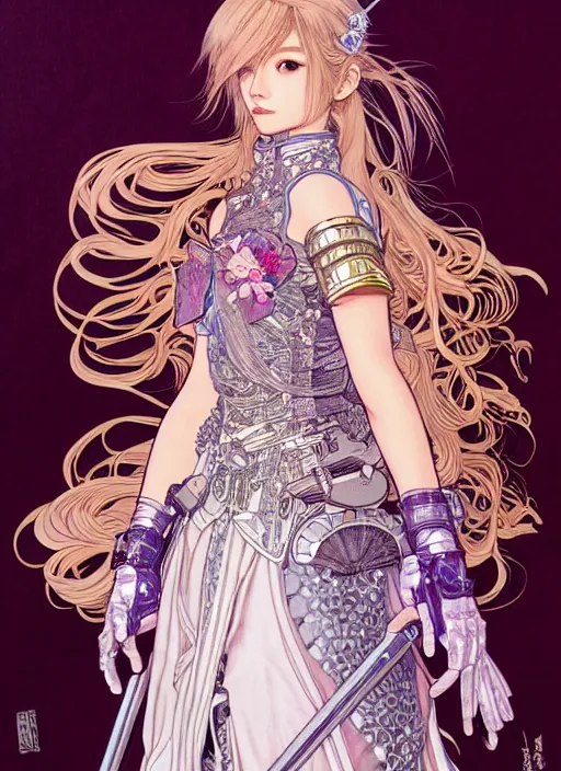 Image similar to highly detailed terada katsuya artgerm artstation final fantasy minaba hideo manga poster of princess mechine, long hair, armor, dress, laces, ruffles, 8 k, fluorescent, maximalist, jump comics, tomer hanuka, alphonse mucha