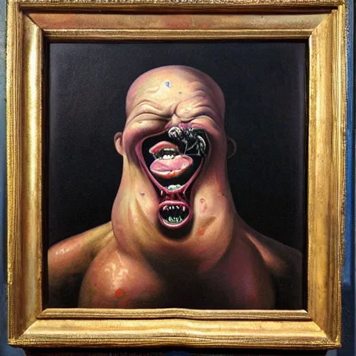 Image similar to oil painting with black background by christian rex van minnen robert williams todd schorr of a portrait of an extremely bizarre disturbing mutated man with acne intense chiaroscuro lighting perfect composition masterpiece