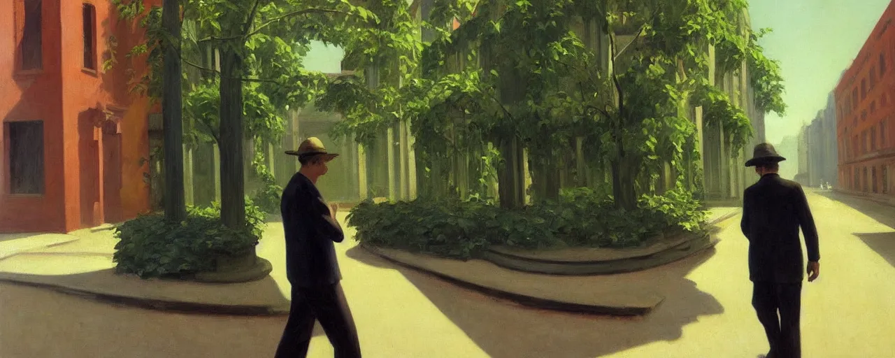 Image similar to oil painting of a man wandering the abandoned streets of city and the buildings are covered in plants and vines, edward hopper.