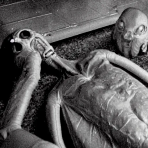 Image similar to photo of alien autopsy done by Ronald Reagan on the recovered Roswell aliens , psychedelic