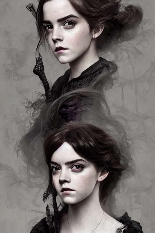 Prompt: a mix of of emma watson, anya taylor - joy and emma stone, evil sorceress witch, victorian manor house, hyperrealism, octane render, extremely detailed, intricate smoke magic, lace, style of mark ryden, earl nore, hyung tae, frank frazetta