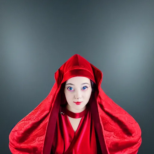 Image similar to photo of a beautiful magical witch woman wearing red robes, CANON Eos C300, 15mm, very detailed, beautiful atmospheric lighting, studio photography