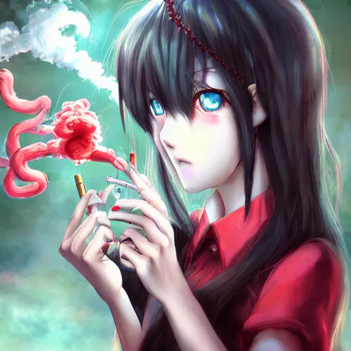 Image similar to red-eyed beautiful shoggoth anime girl smoking a cigarette deviantart by amano yoshitaka hyperreality hd detailed