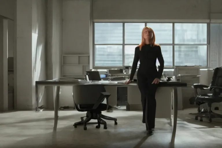 Prompt: award winning shot of pepper potts, ceo of stark industries, sinks into her chair, desolate, her once - spotless office now covered in dust. she sobs. screenshot from the mcu, ambient lighting, 8 k, as played by gwyneth paltrow