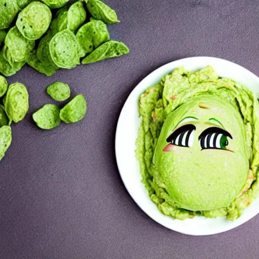 Image similar to molly ringwald face on a pile of guacamole